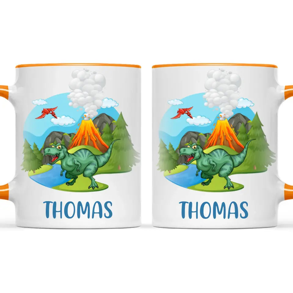 Personalised T-Rex Dinosaur Mug - Custom Name Kids Cup - Prehistoric Volcano Theme - Ceramic or Enamel - 11oz, 6oz, or Camping Mug - NZ Made
