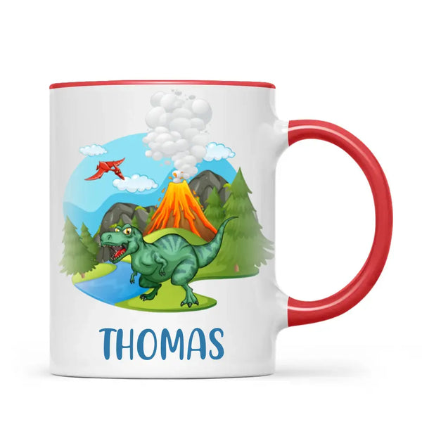 Personalised T-Rex Dinosaur Mug - Custom Name Kids Cup - Prehistoric Volcano Theme - Ceramic or Enamel - 11oz, 6oz, or Camping Mug - NZ Made