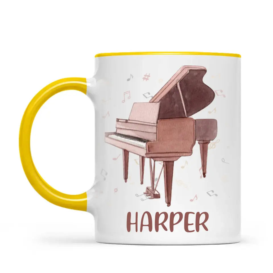 Personalised Piano Mug - Custom Name Kids Cup - Music Lover Gift - Grand Piano Theme - Ceramic or Enamel - 11oz, 6oz, or Camping Mug - NZ Made