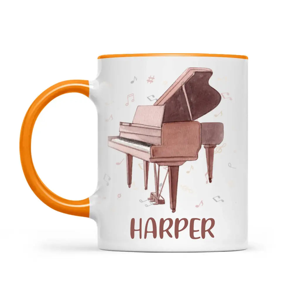 Personalised Piano Mug - Custom Name Kids Cup - Music Lover Gift - Grand Piano Theme - Ceramic or Enamel - 11oz, 6oz, or Camping Mug - NZ Made
