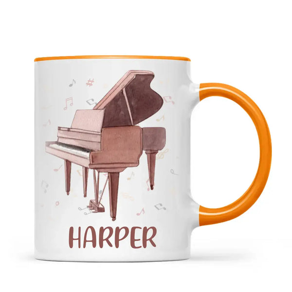 Personalised Piano Mug - Custom Name Kids Cup - Music Lover Gift - Grand Piano Theme - Ceramic or Enamel - 11oz, 6oz, or Camping Mug - NZ Made