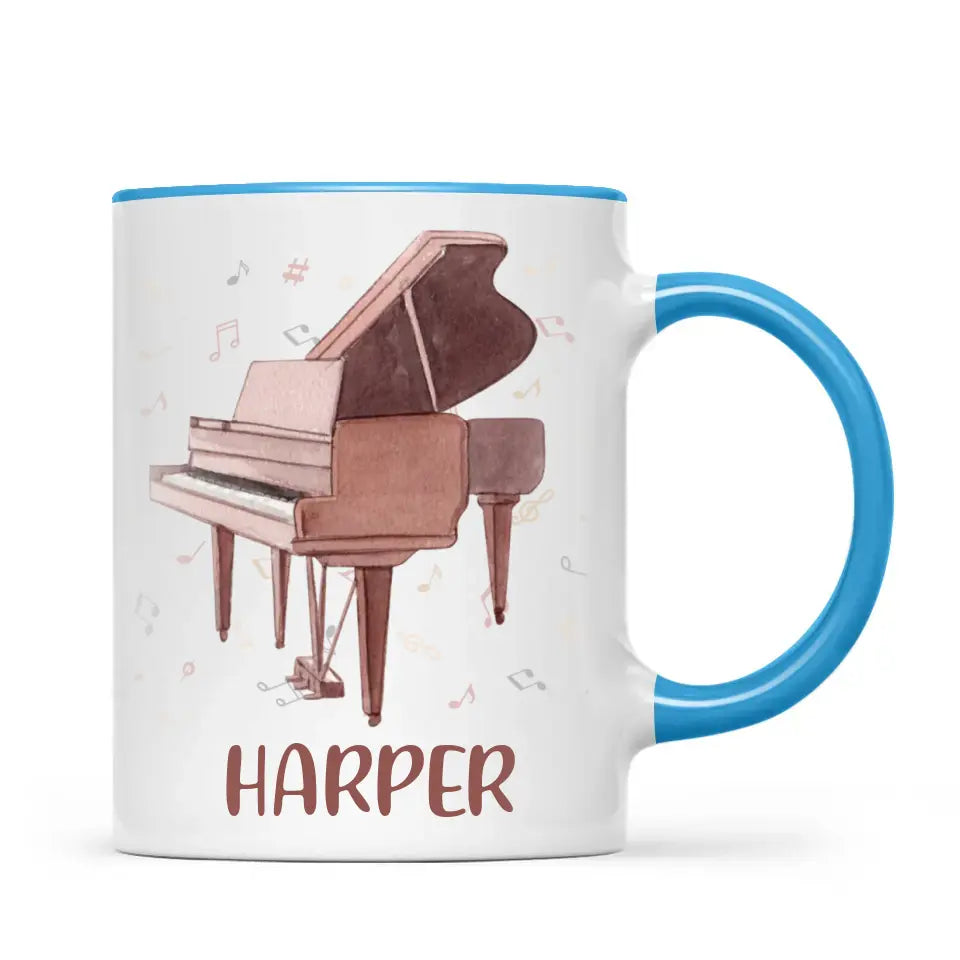 Personalised Piano Mug - Custom Name Kids Cup - Music Lover Gift - Grand Piano Theme - Ceramic or Enamel - 11oz, 6oz, or Camping Mug - NZ Made
