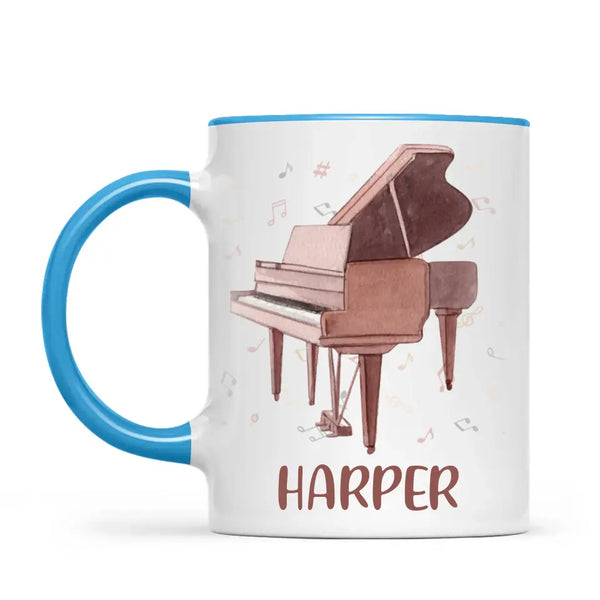 Personalised Piano Mug - Custom Name Kids Cup - Music Lover Gift - Grand Piano Theme - Ceramic or Enamel - 11oz, 6oz, or Camping Mug - NZ Made