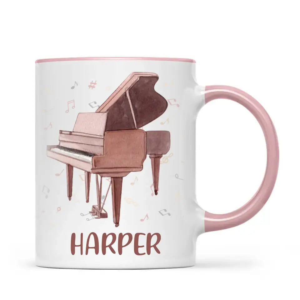 Personalised Piano Mug - Custom Name Kids Cup - Music Lover Gift - Grand Piano Theme - Ceramic or Enamel - 11oz, 6oz, or Camping Mug - NZ Made