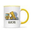 Personalised Dump Truck Mug - Custom Name Kids Cup - Construction Vehicle Theme - Ceramic or Enamel - 11oz, 6oz, or Camping Mug - NZ Made