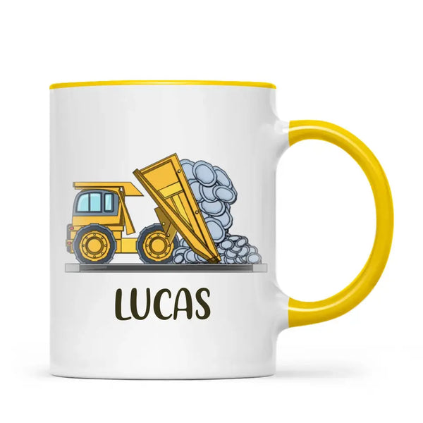Personalised Dump Truck Mug - Custom Name Kids Cup - Construction Vehicle Theme - Ceramic or Enamel - 11oz, 6oz, or Camping Mug - NZ Made