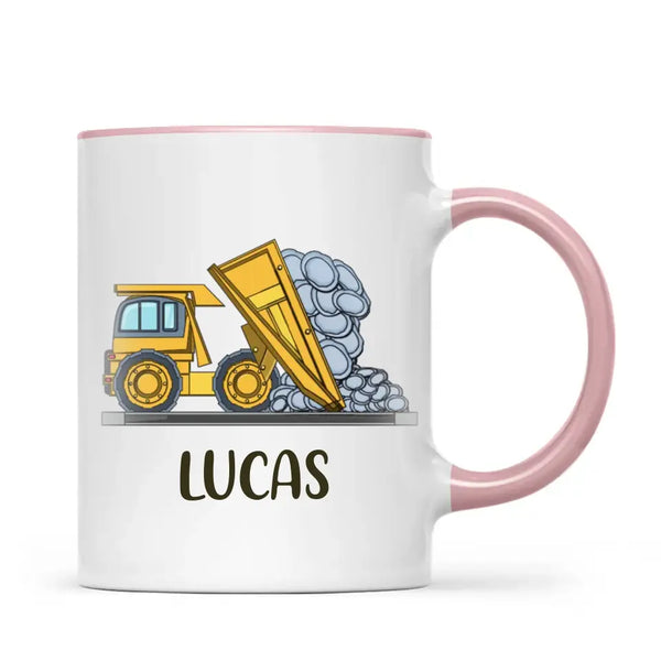 Personalised Dump Truck Mug - Custom Name Kids Cup - Construction Vehicle Theme - Ceramic or Enamel - 11oz, 6oz, or Camping Mug - NZ Made