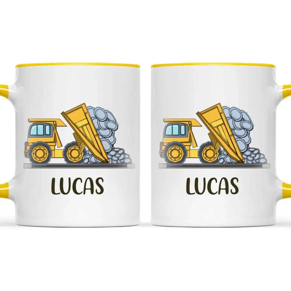Personalised Dump Truck Mug - Custom Name Kids Cup - Construction Vehicle Theme - Ceramic or Enamel - 11oz, 6oz, or Camping Mug - NZ Made