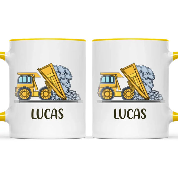 Personalised Dump Truck Mug - Custom Name Kids Cup - Construction Vehicle Theme - Ceramic or Enamel - 11oz, 6oz, or Camping Mug - NZ Made