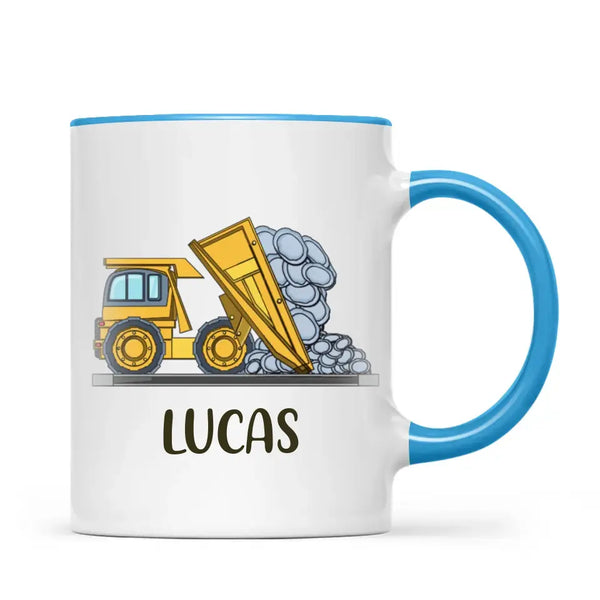 Personalised Dump Truck Mug - Custom Name Kids Cup - Construction Vehicle Theme - Ceramic or Enamel - 11oz, 6oz, or Camping Mug - NZ Made
