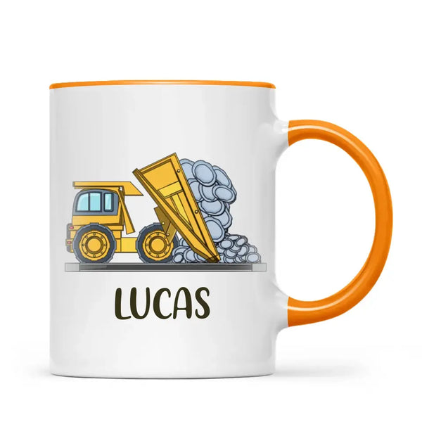 Personalised Dump Truck Mug - Custom Name Kids Cup - Construction Vehicle Theme - Ceramic or Enamel - 11oz, 6oz, or Camping Mug - NZ Made