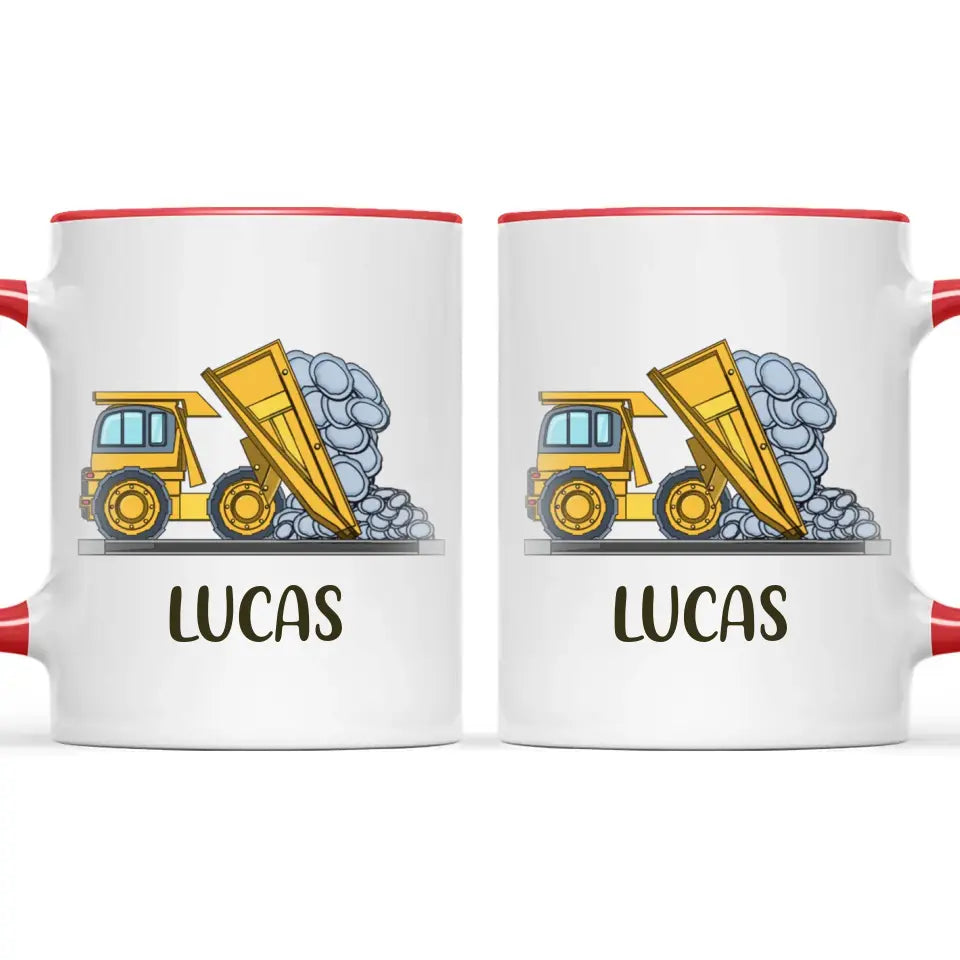 Personalised Dump Truck Mug - Custom Name Kids Cup - Construction Vehicle Theme - Ceramic or Enamel - 11oz, 6oz, or Camping Mug - NZ Made
