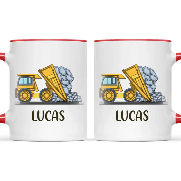 Personalised Dump Truck Mug - Custom Name Kids Cup - Construction Vehicle Theme - Ceramic or Enamel - 11oz, 6oz, or Camping Mug - NZ Made