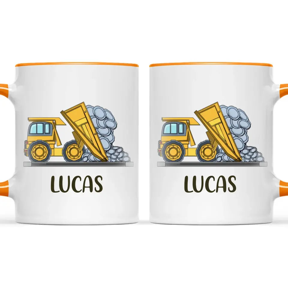 Personalised Dump Truck Mug - Custom Name Kids Cup - Construction Vehicle Theme - Ceramic or Enamel - 11oz, 6oz, or Camping Mug - NZ Made