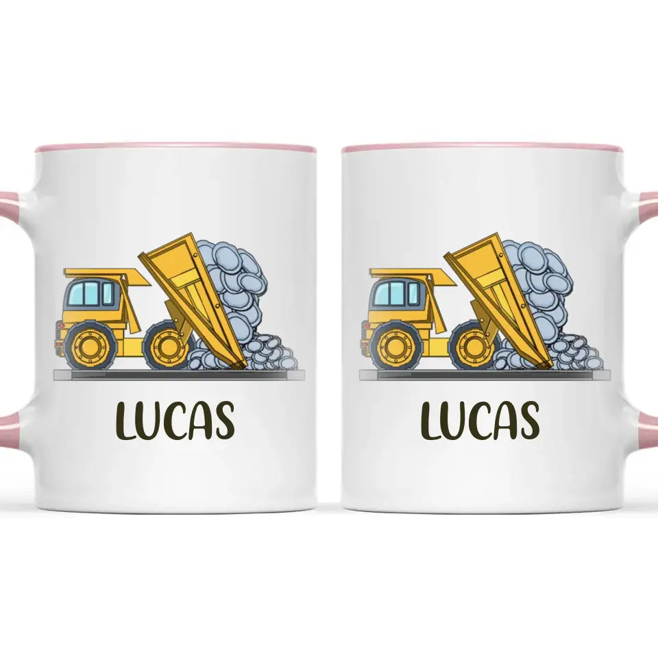 Personalised Dump Truck Mug - Custom Name Kids Cup - Construction Vehicle Theme - Ceramic or Enamel - 11oz, 6oz, or Camping Mug - NZ Made
