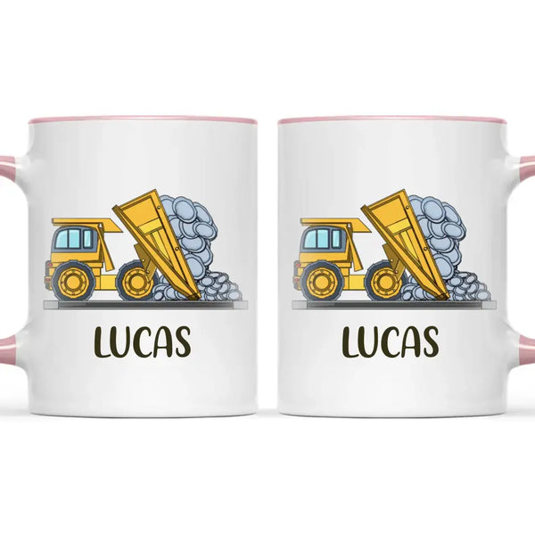 Personalised Dump Truck Mug - Custom Name Kids Cup - Construction Vehicle Theme - Ceramic or Enamel - 11oz, 6oz, or Camping Mug - NZ Made