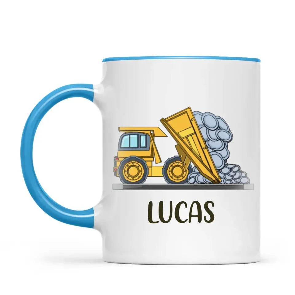 Personalised Dump Truck Mug - Custom Name Kids Cup - Construction Vehicle Theme - Ceramic or Enamel - 11oz, 6oz, or Camping Mug - NZ Made