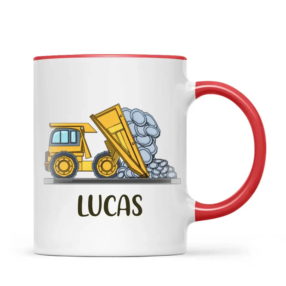 Personalised Dump Truck Mug - Custom Name Kids Cup - Construction Vehicle Theme - Ceramic or Enamel - 11oz, 6oz, or Camping Mug - NZ Made