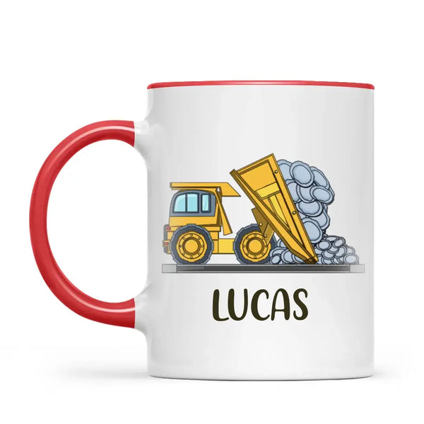 Personalised Dump Truck Mug - Custom Name Kids Cup - Construction Vehicle Theme - Ceramic or Enamel - 11oz, 6oz, or Camping Mug - NZ Made