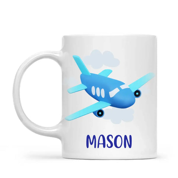 Personalised Aeroplane Mug - Custom Name Kids Cup - Blue Airplane Theme - Ceramic or Enamel - 11oz, 6oz, or Camping Mug - NZ Made