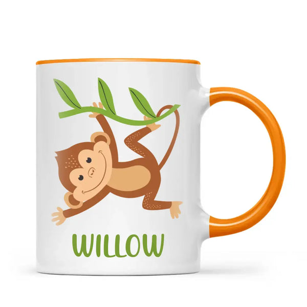 Personalised Swinging Monkey Kids Mug, orange handle and rim, back view