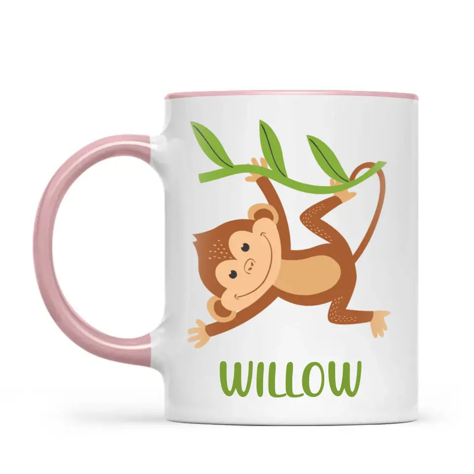 Personalised Swinging Monkey Kids Mug, pink handle and rim, front view