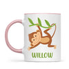 Personalised Swinging Monkey Kids Mug, pink handle and rim, front view