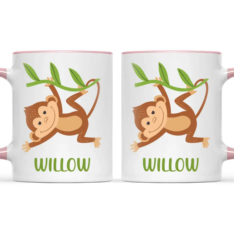 Personalised Swinging Monkey Kids Mug, pink handle and rim, front and back
