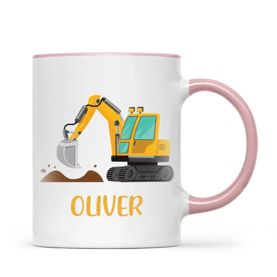Personalised Digger Mug - Custom Name Kids Cup - Excavator Construction Theme - Ceramic or Enamel - 11oz, 6oz, or Camping Mug - NZ Made