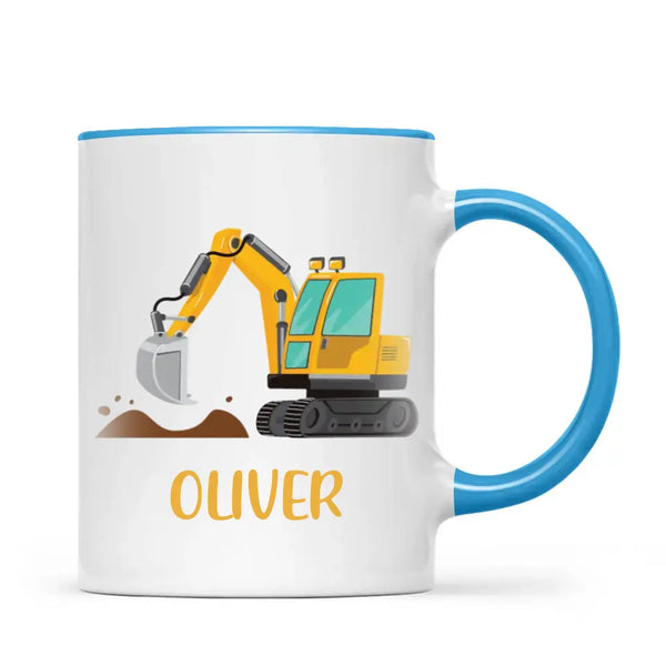 Personalised Digger Mug - Custom Name Kids Cup - Excavator Construction Theme - Ceramic or Enamel - 11oz, 6oz, or Camping Mug - NZ Made