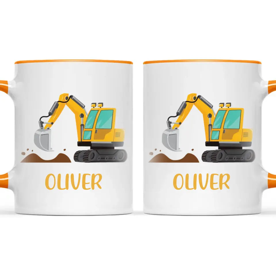 Personalised Digger Mug - Custom Name Kids Cup - Excavator Construction Theme - Ceramic or Enamel - 11oz, 6oz, or Camping Mug - NZ Made