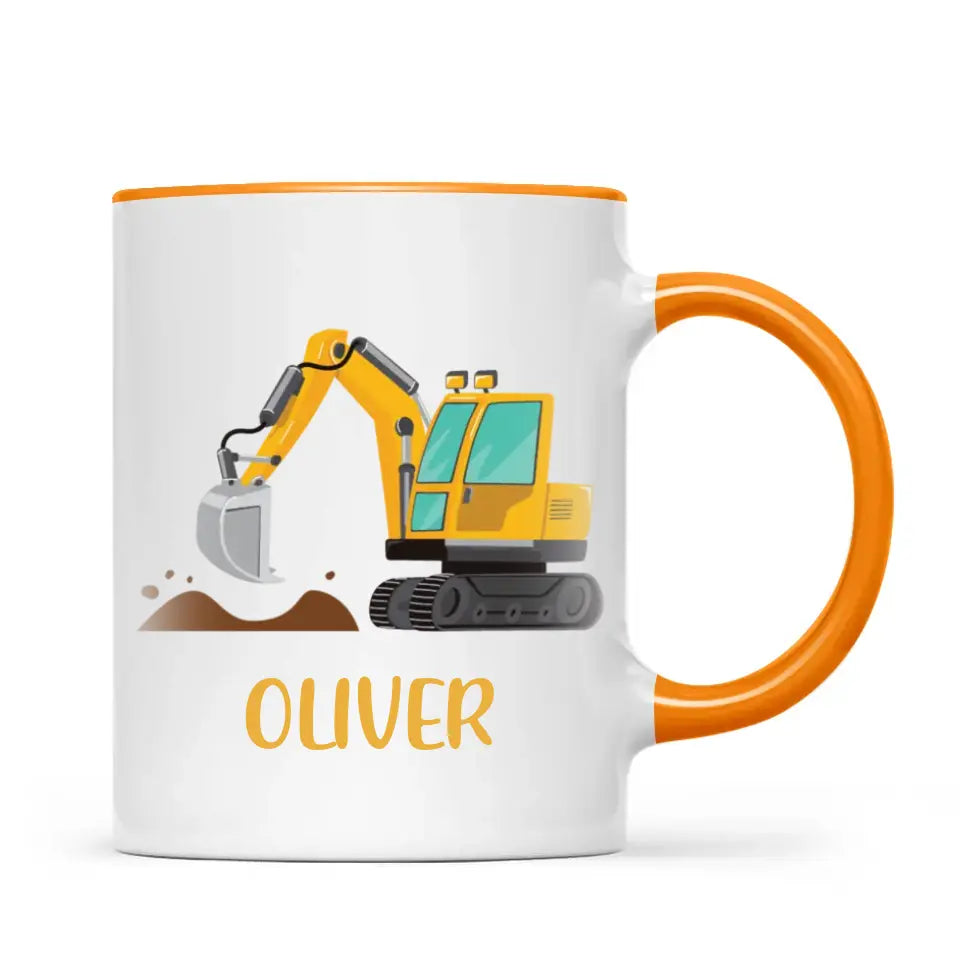 Personalised Digger Mug - Custom Name Kids Cup - Excavator Construction Theme - Ceramic or Enamel - 11oz, 6oz, or Camping Mug - NZ Made