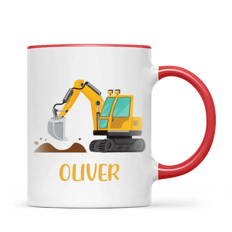 Personalised Digger Mug - Custom Name Kids Cup - Excavator Construction Theme - Ceramic or Enamel - 11oz, 6oz, or Camping Mug - NZ Made