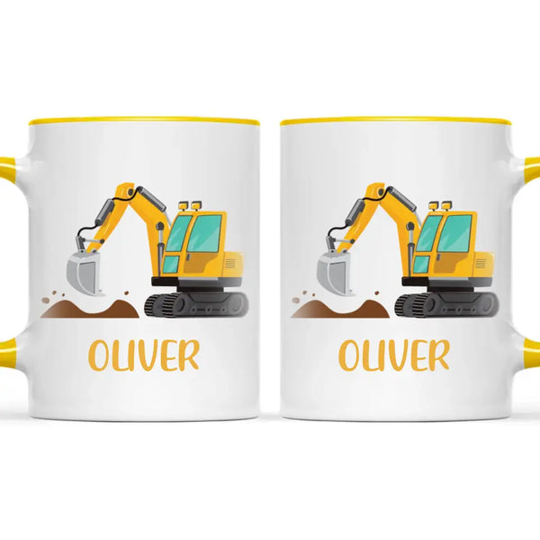 Personalised Digger Mug - Custom Name Kids Cup - Excavator Construction Theme - Ceramic or Enamel - 11oz, 6oz, or Camping Mug - NZ Made