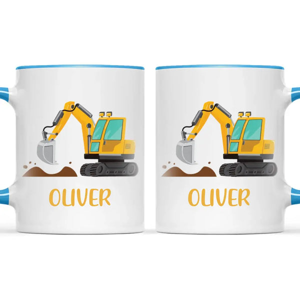 Personalised Digger Mug - Custom Name Kids Cup - Excavator Construction Theme - Ceramic or Enamel - 11oz, 6oz, or Camping Mug - NZ Made