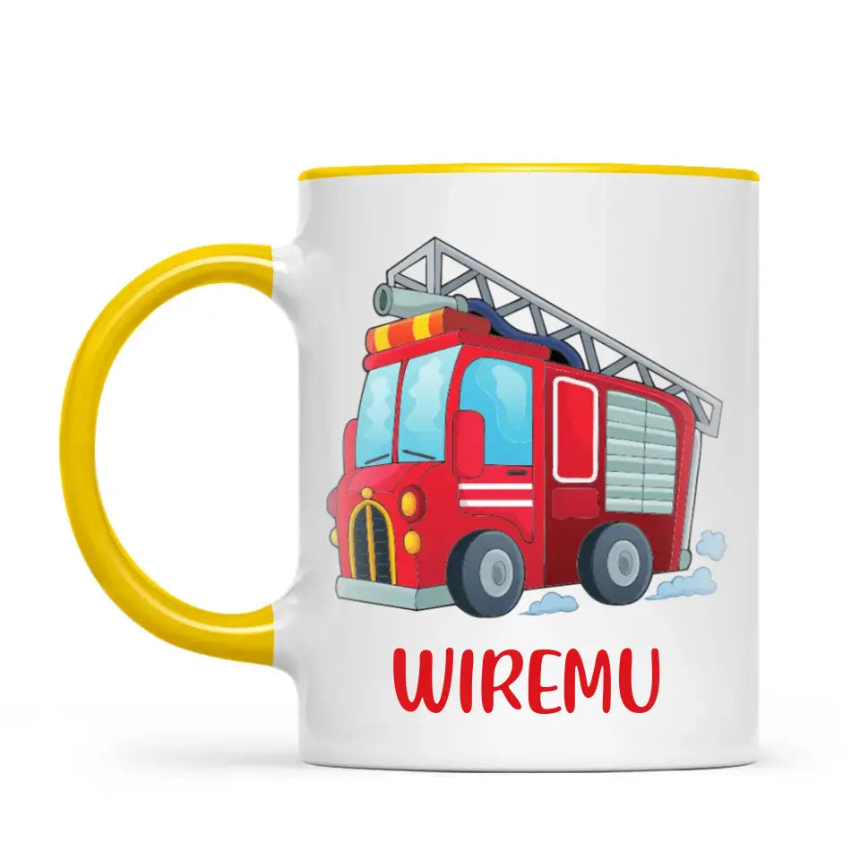 Personalised Fire Truck Mug - Custom Name Kids Cup - Fire Engine Theme - Ceramic or Enamel - 11oz, 6oz, or Camping Mug - NZ Made