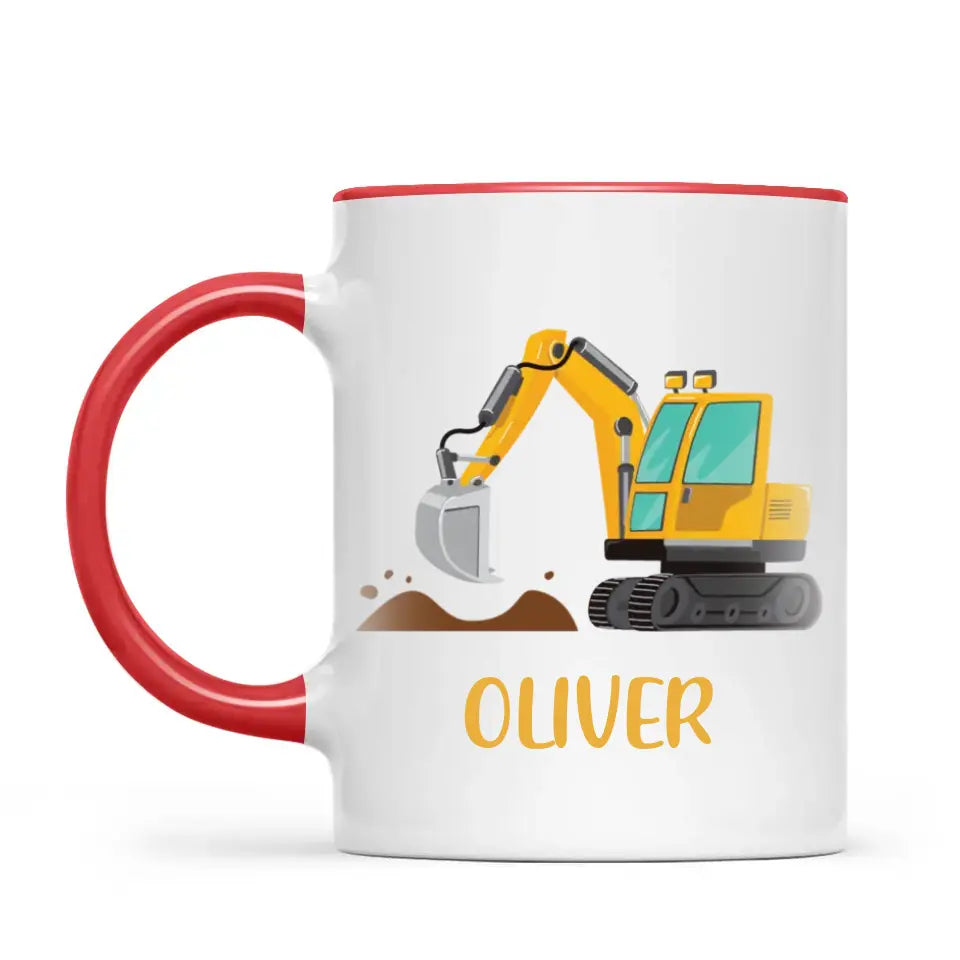 Personalised Digger Mug - Custom Name Kids Cup - Excavator Construction Theme - Ceramic or Enamel - 11oz, 6oz, or Camping Mug - NZ Made
