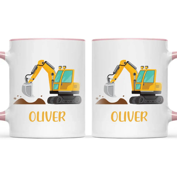 Personalised Digger Mug - Custom Name Kids Cup - Excavator Construction Theme - Ceramic or Enamel - 11oz, 6oz, or Camping Mug - NZ Made