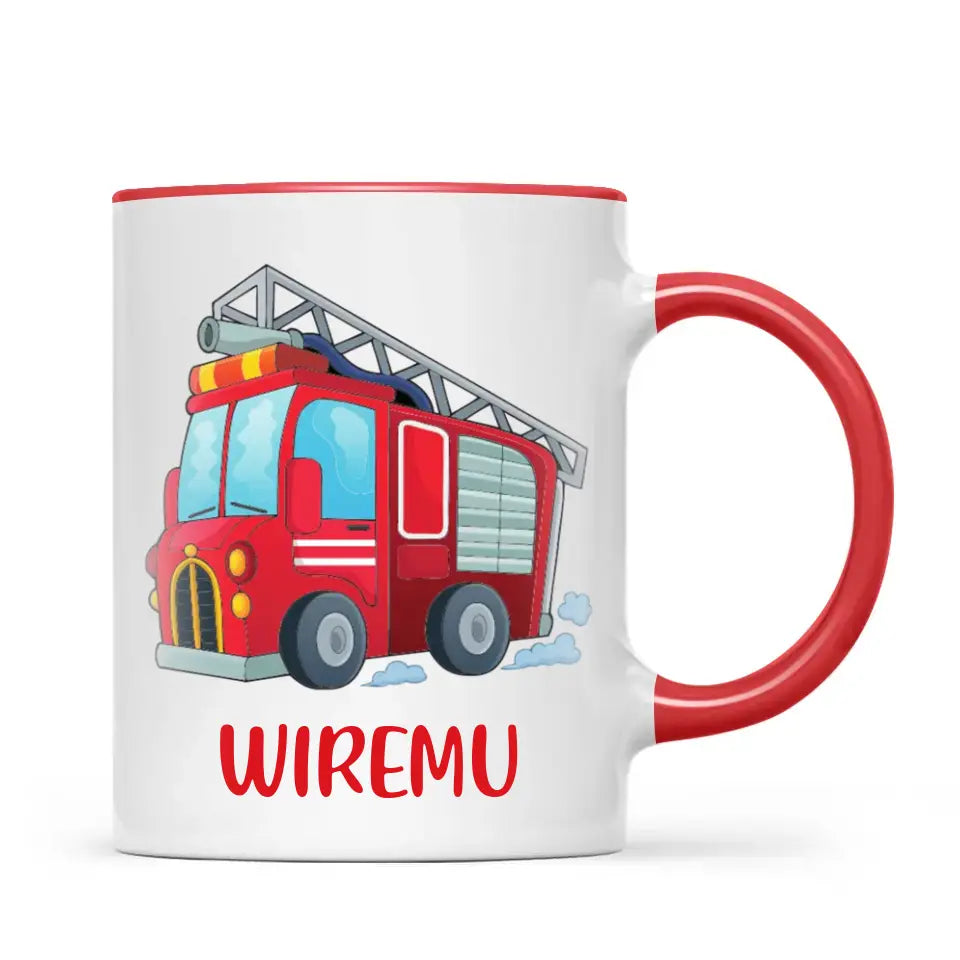 Personalised Fire Truck Mug - Custom Name Kids Cup - Fire Engine Theme - Ceramic or Enamel - 11oz, 6oz, or Camping Mug - NZ Made
