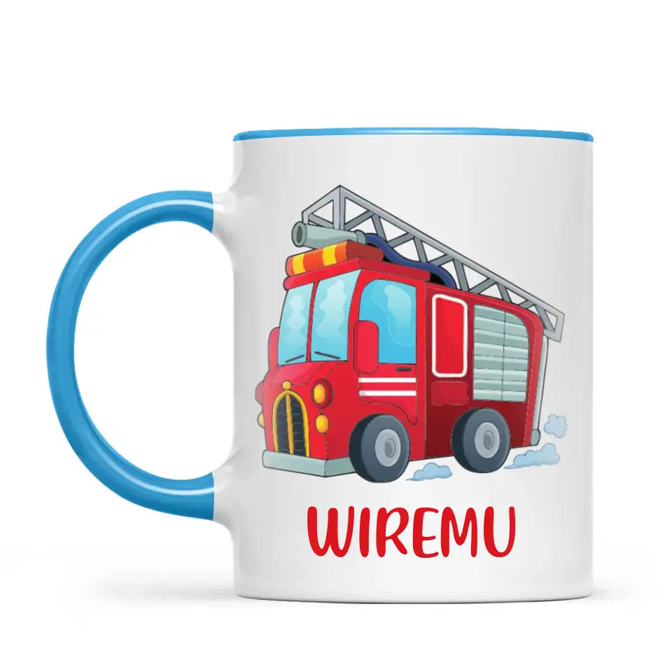 Personalised Fire Truck Mug - Custom Name Kids Cup - Fire Engine Theme - Ceramic or Enamel - 11oz, 6oz, or Camping Mug - NZ Made