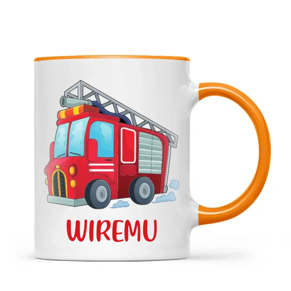 Personalised Fire Truck Mug - Custom Name Kids Cup - Fire Engine Theme - Ceramic or Enamel - 11oz, 6oz, or Camping Mug - NZ Made