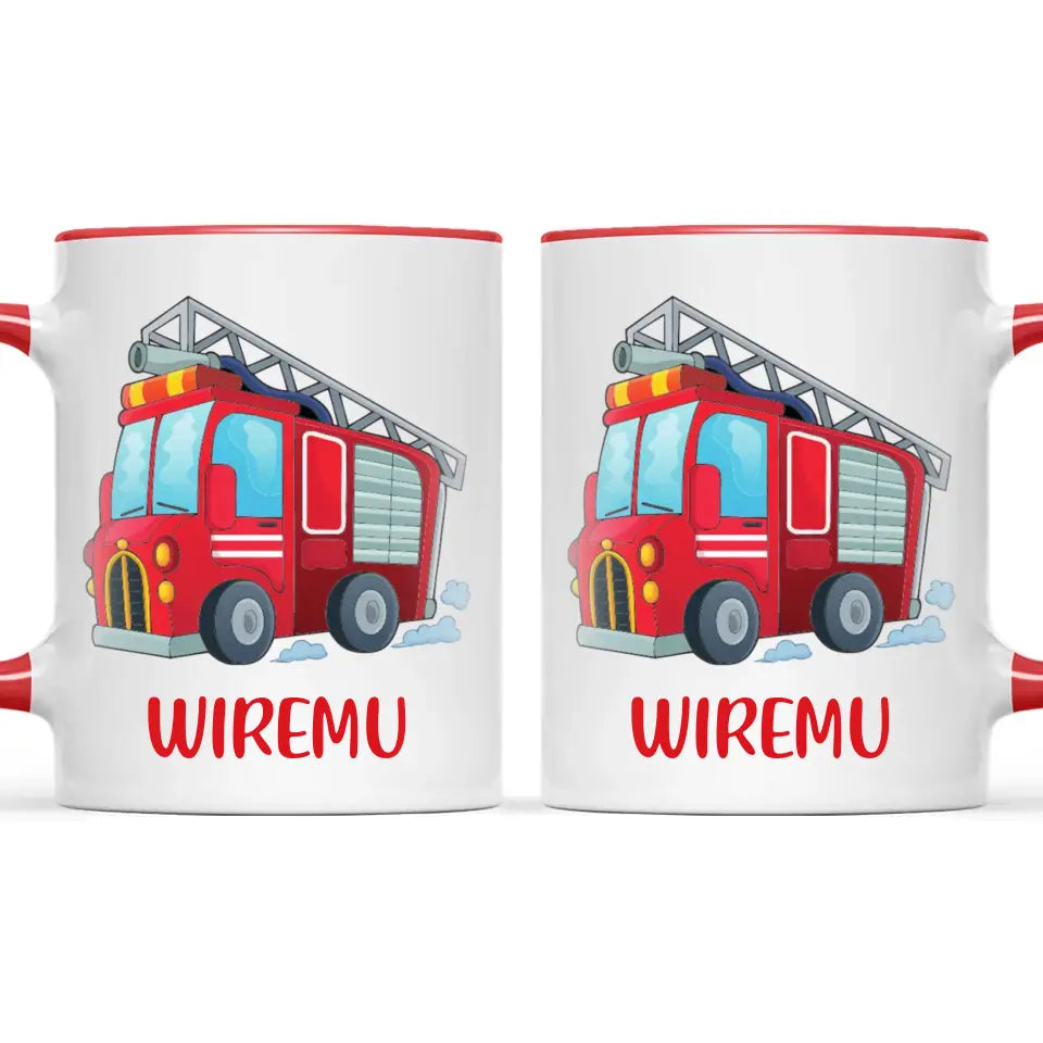 Personalised Fire Truck Mug - Custom Name Kids Cup - Fire Engine Theme - Ceramic or Enamel - 11oz, 6oz, or Camping Mug - NZ Made