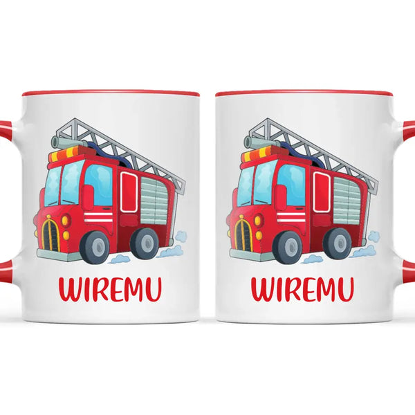 Personalised Fire Truck Mug - Custom Name Kids Cup - Fire Engine Theme - Ceramic or Enamel - 11oz, 6oz, or Camping Mug - NZ Made