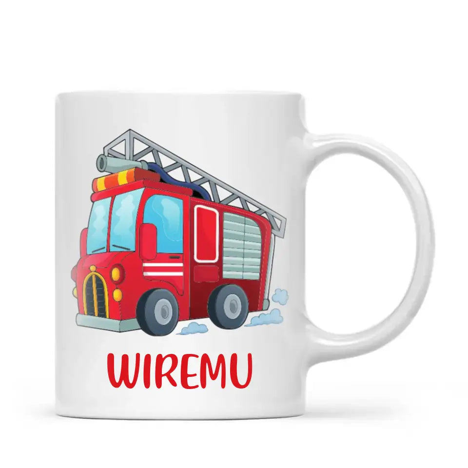 Personalised Fire Truck Mug - Custom Name Kids Cup - Fire Engine Theme - Ceramic or Enamel - 11oz, 6oz, or Camping Mug - NZ Made