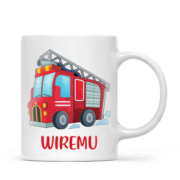 Personalised Fire Truck Mug - Custom Name Kids Cup - Fire Engine Theme - Ceramic or Enamel - 11oz, 6oz, or Camping Mug - NZ Made