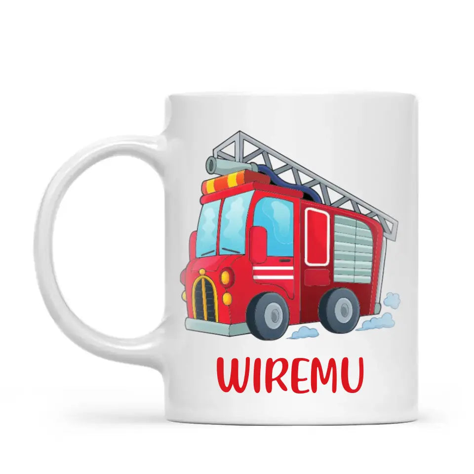 Personalised Fire Truck Mug - Custom Name Kids Cup - Fire Engine Theme - Ceramic or Enamel - 11oz, 6oz, or Camping Mug - NZ Made