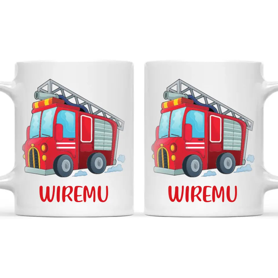 Personalised Fire Truck Mug - Custom Name Kids Cup - Fire Engine Theme - Ceramic or Enamel - 11oz, 6oz, or Camping Mug - NZ Made