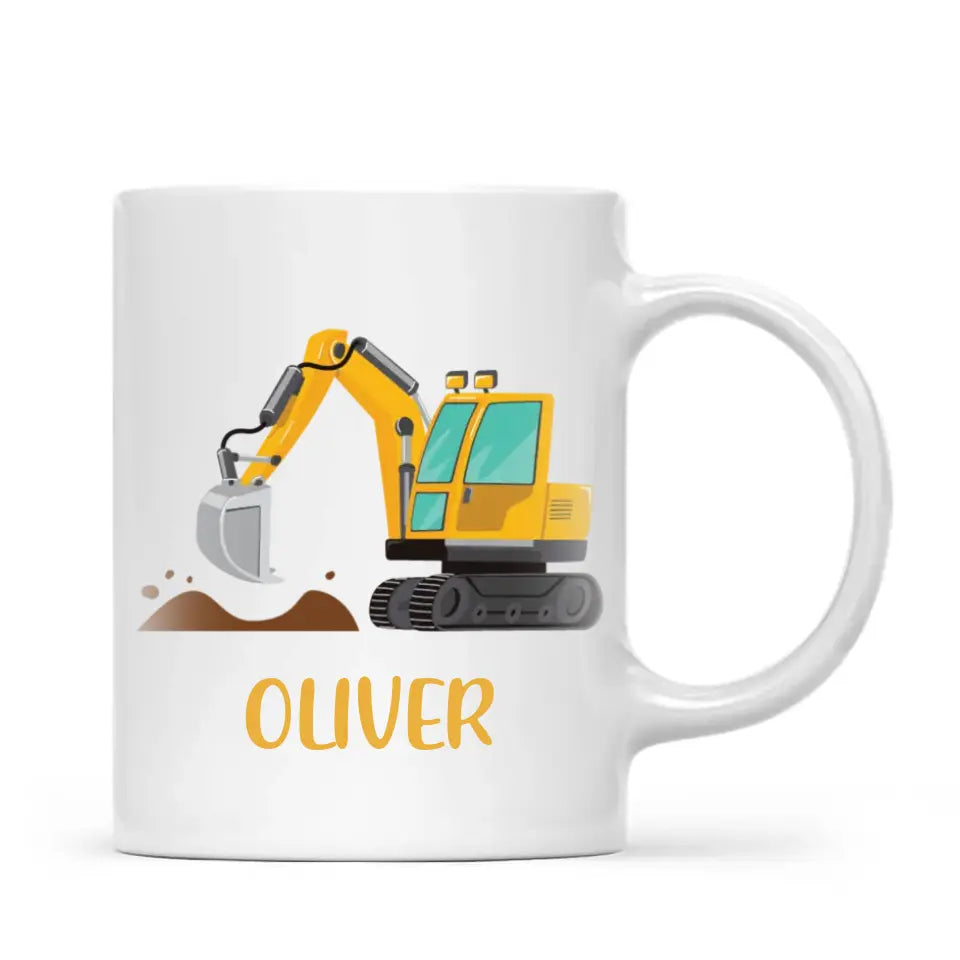 Personalised Digger Mug - Custom Name Kids Cup - Excavator Construction Theme - Ceramic or Enamel - 11oz, 6oz, or Camping Mug - NZ Made