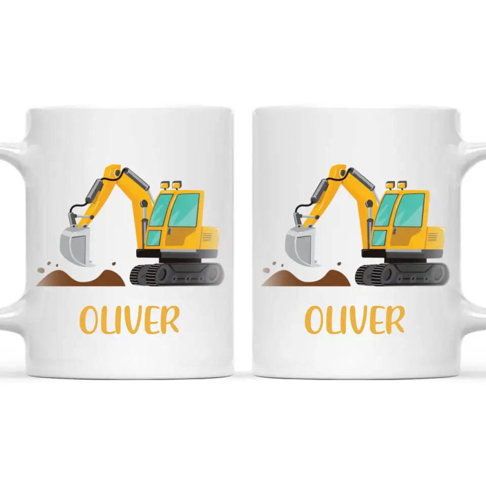 Personalised Digger Mug - Custom Name Kids Cup - Excavator Construction Theme - Ceramic or Enamel - 11oz, 6oz, or Camping Mug - NZ Made