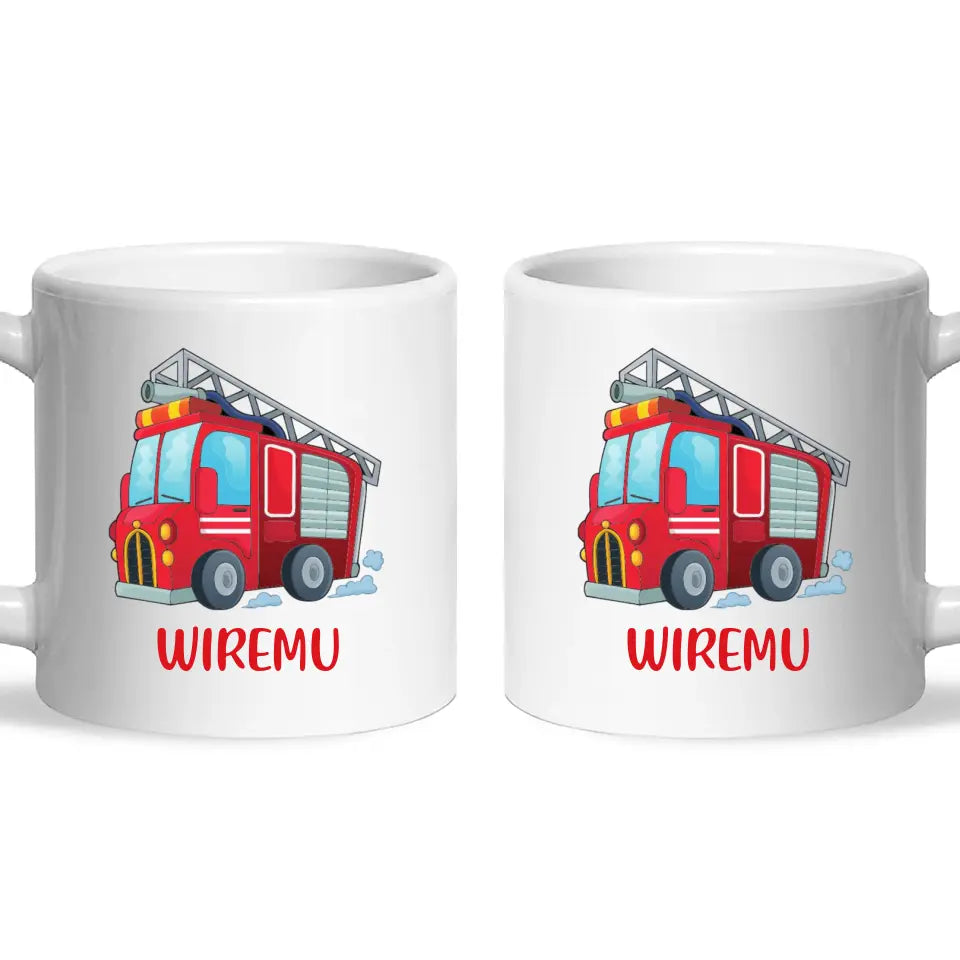 Personalised Fire Truck Mug - Custom Name Kids Cup - Fire Engine Theme - Ceramic or Enamel - 11oz, 6oz, or Camping Mug - NZ Made